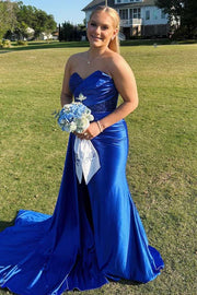 Strapless Sweetheart Appliques Pleats Sleeveless Long Prom Dress with Slit
