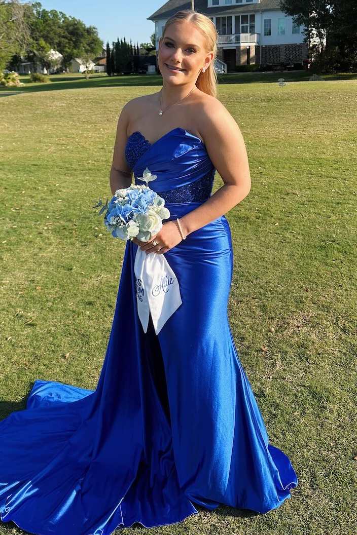 Strapless Sweetheart Appliques Pleats Sleeveless Long Prom Dress with Slit