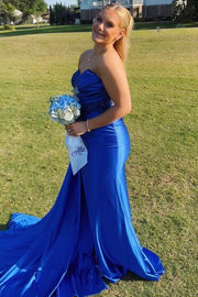 Strapless Sweetheart Appliques Pleats Sleeveless Long Prom Dress with Slit