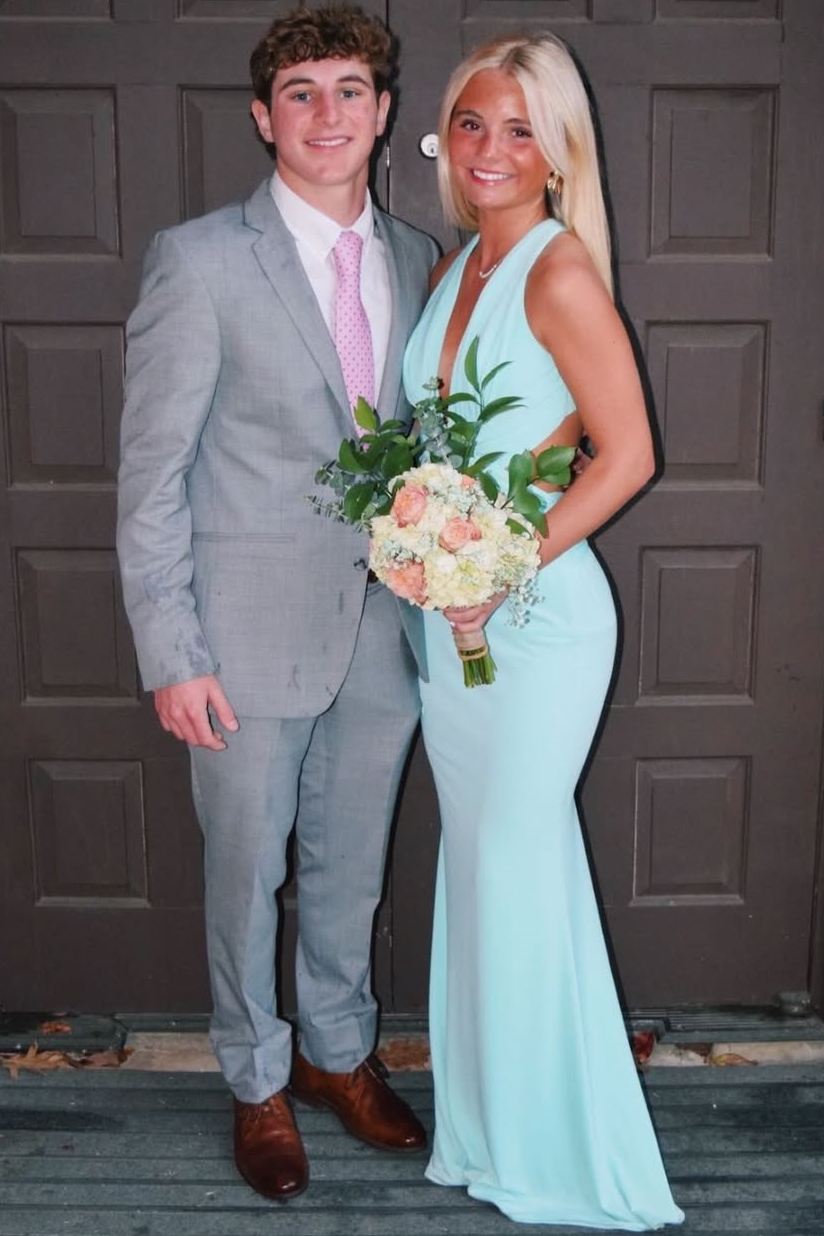 Blue Halter Deep V-Neck Sleeveless Satin Mermaid Long Prom Dress