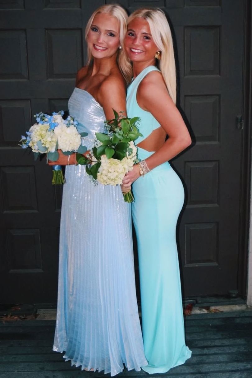 Blue Halter Deep V-Neck Sleeveless Satin Mermaid Long Prom Dress