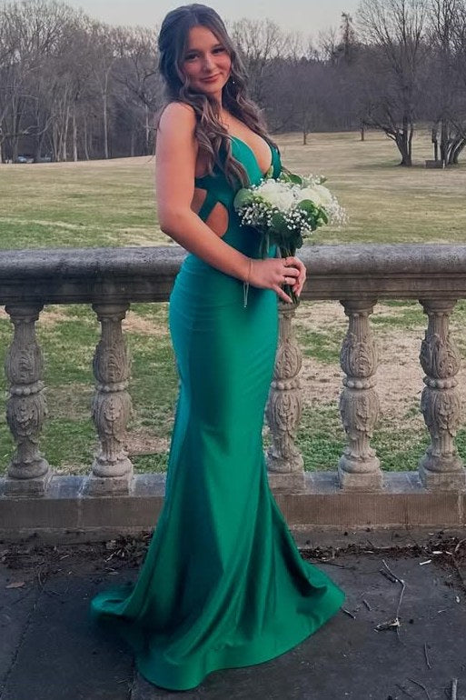 Deep V-Neck Straps Backless Satin Sleeveless Mermaid Long Prom Dress