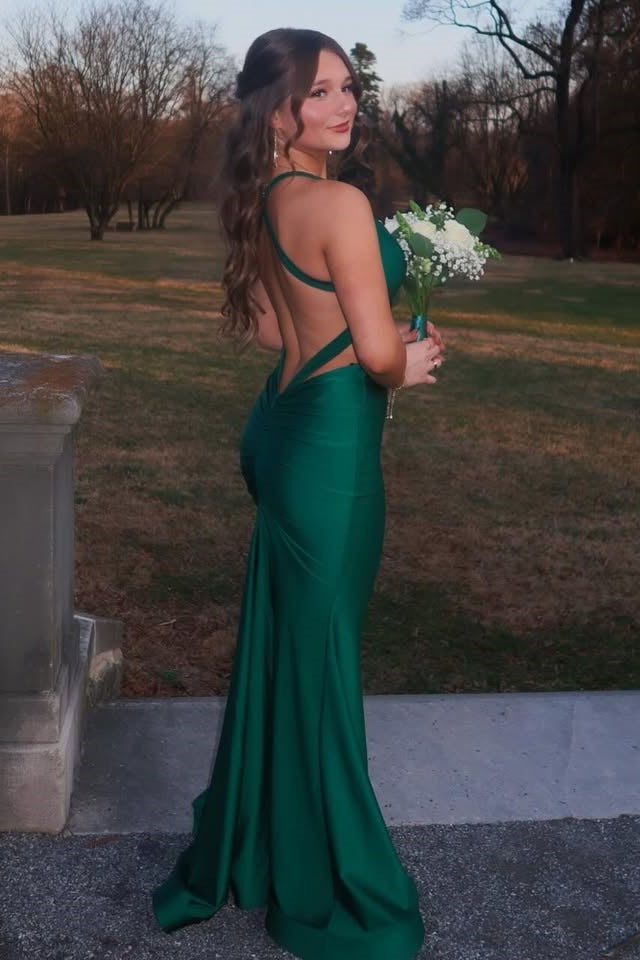 Deep V-Neck Straps Backless Satin Sleeveless Mermaid Long Prom Dress
