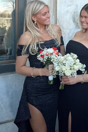 Black Classy Off-Shoulder Pleats Long Prom Dress with High Slit