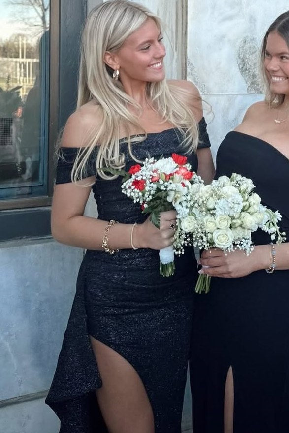 Black Classy Off-Shoulder Pleats Long Prom Dress with High Slit