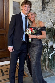 Black Classy Off-Shoulder Pleats Long Prom Dress with High Slit