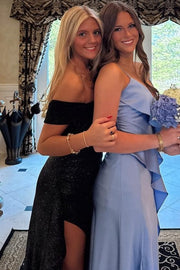 Black Classy Off-Shoulder Pleats Long Prom Dress with High Slit