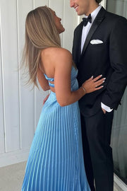 Blue Strapless Twist A-Line Pleated Sleeveless Formal Prom Dress