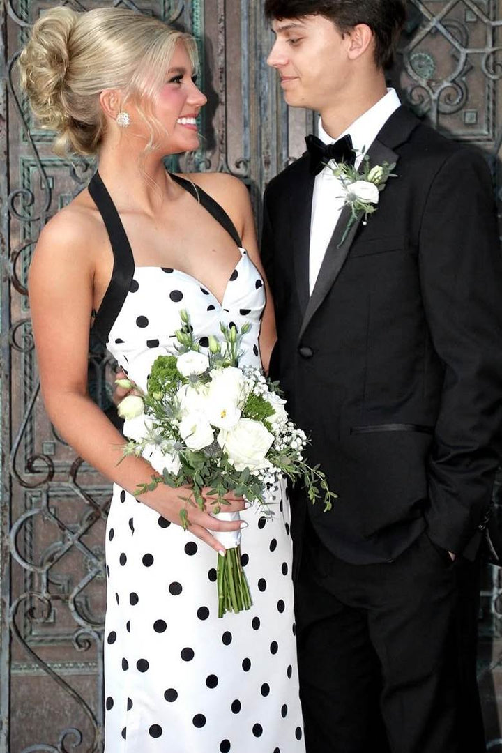 Halter Polka Dots Sweetheart Mermaid Sleeveless Prom Dress with Slit