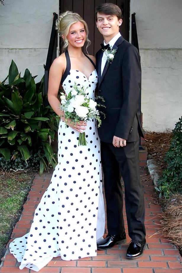 Halter Polka Dots Sweetheart Mermaid Sleeveless Prom Dress with Slit
