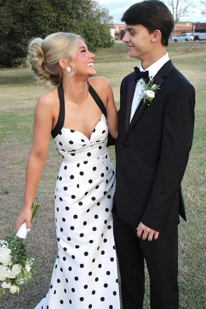 Halter Polka Dots Sweetheart Mermaid Sleeveless Prom Dress with Slit