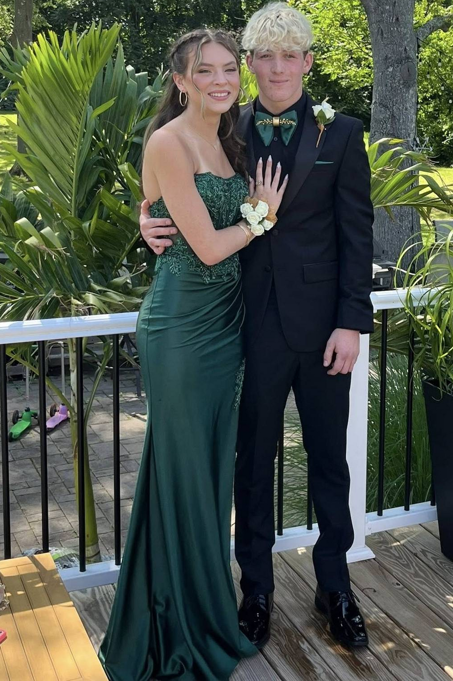 Green Strapless Appliques Pleats Side Slit Sleeveless Long Prom Dress