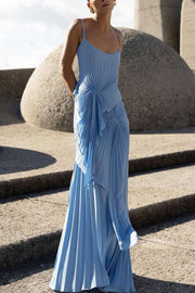 Spaghetti Straps Scoop Neck Ruffles Pleats Sleeveless Prom Evening Dress