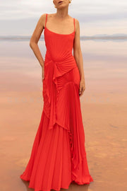 Spaghetti Straps Scoop Neck Ruffles Pleats Sleeveless Prom Evening Dress