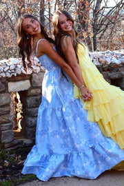 Blue A-Line Straps with Pearls Empire-Waist Print Prom Dress with Slit