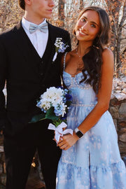 Blue A-Line Straps with Pearls Empire-Waist Print Prom Dress with Slit