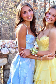 Blue A-Line Straps with Pearls Empire-Waist Print Prom Dress with Slit