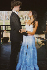 Blue A-Line Straps with Pearls Empire-Waist Print Prom Dress with Slit