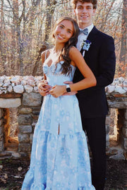 Blue A-Line Straps with Pearls Empire-Waist Print Prom Dress with Slit