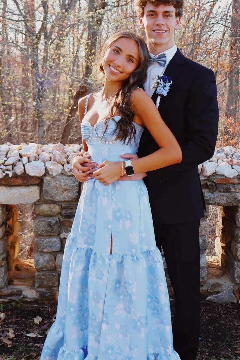 Blue A-Line Straps with Pearls Empire-Waist Print Prom Dress with Slit