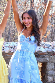 Blue A-Line Straps with Pearls Empire-Waist Print Prom Dress with Slit
