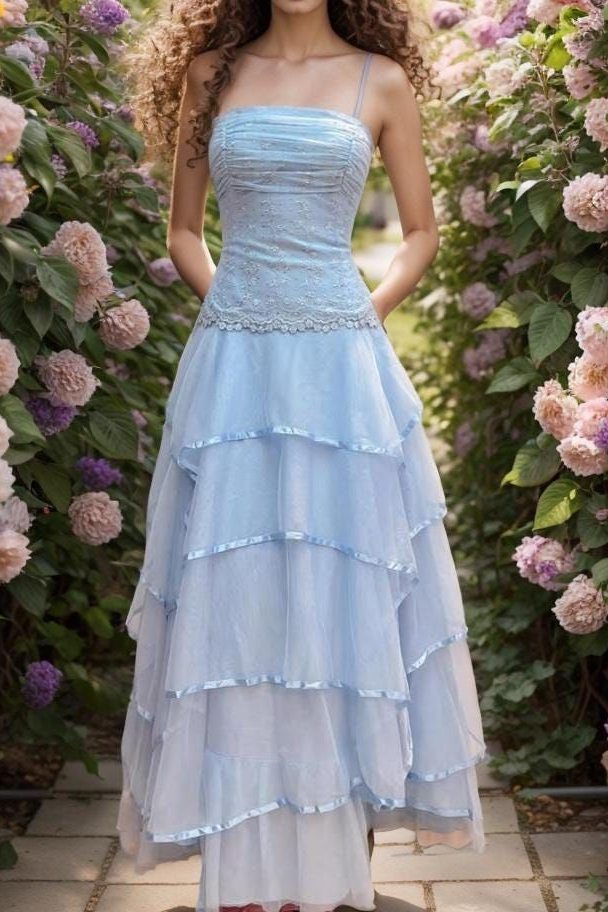 Vintage Blue Spaghetti Straps Ruffles Sleeveless Appliques Prom Dress
