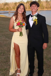 Yellow Straps High Slit Satin Pleats Sleeveless Long Formal Prom Dress
