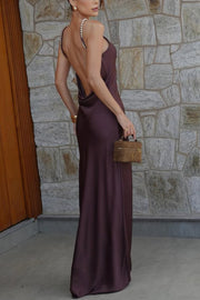 Chic Halter Beads Sleeveless Satin Backless Maxi Party Prom Dress