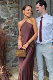 Chic Halter Beads Sleeveless Satin Backless Maxi Party Prom Dress