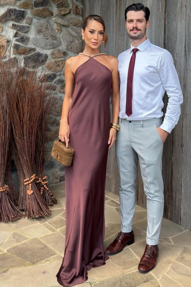 Chic Halter Beads Sleeveless Satin Backless Maxi Party Prom Dress