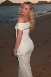 Yellow Off-Shoulder Twist Pleats Satin Fitted Long Prom Party Dress