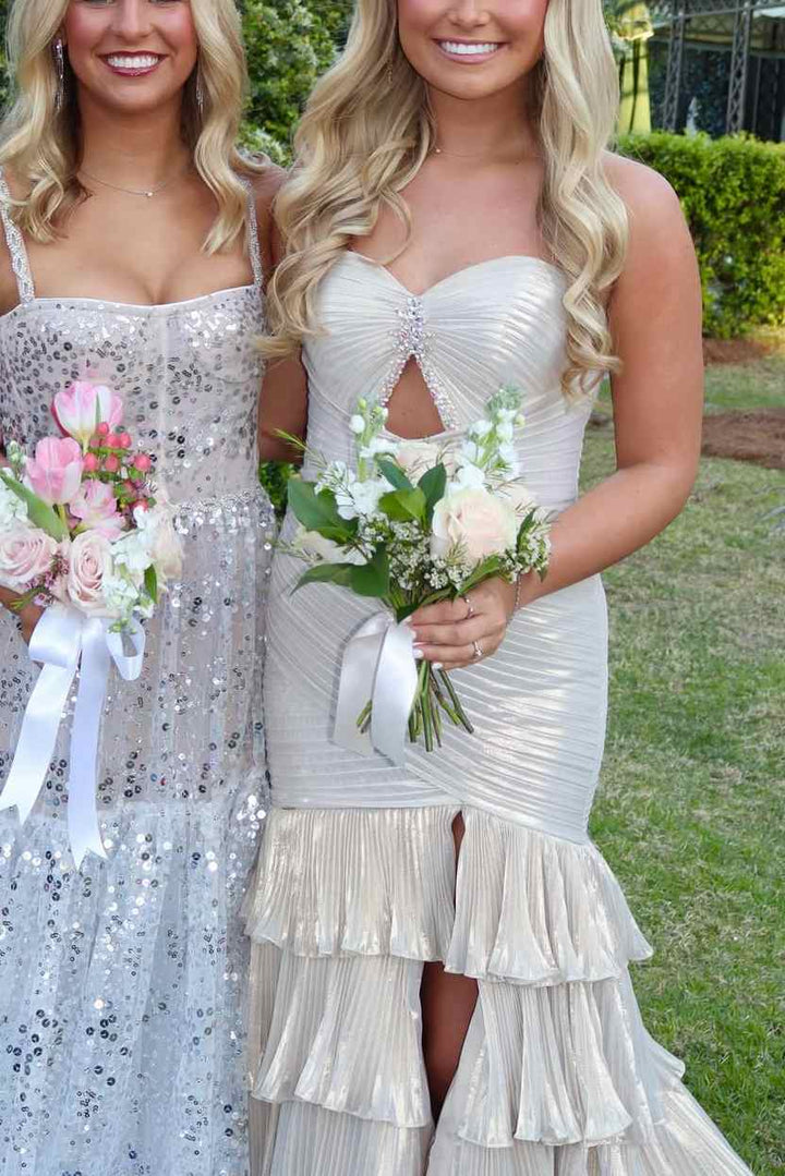Strapless Sweetheart Metallic Mermaid Ruffles Prom Dress with Slit