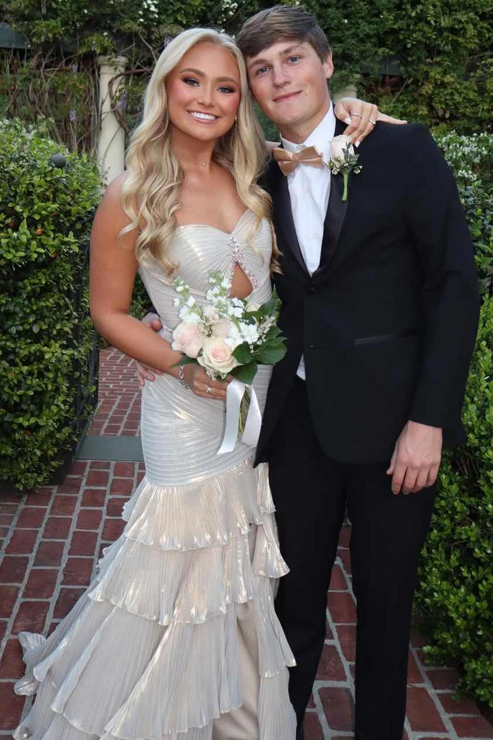 Strapless Sweetheart Metallic Mermaid Ruffles Prom Dress with Slit