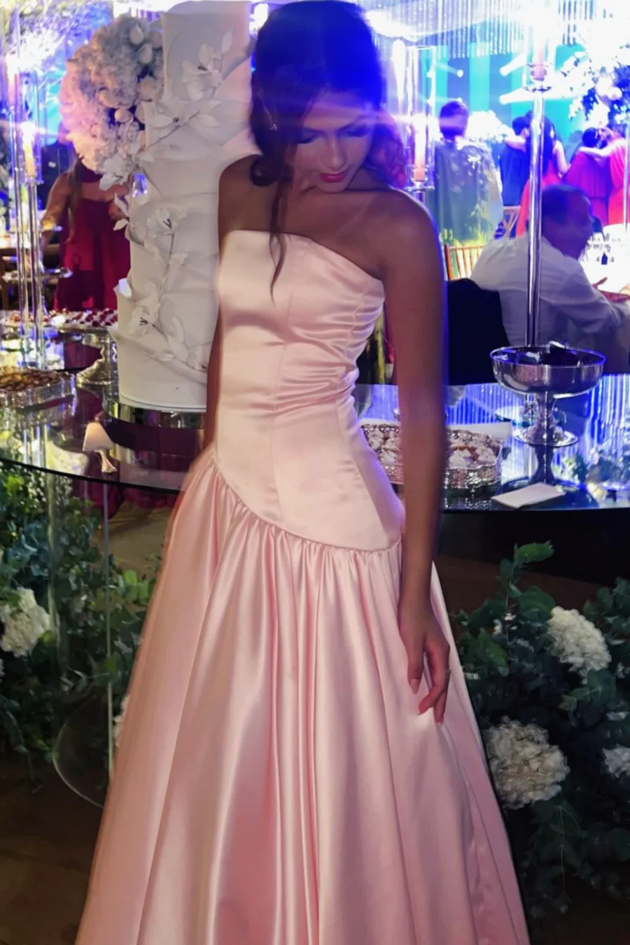 Pink Strapless A-Line Satin Empire-Waist pleated Long Prom Dress