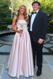 Elegant Pink A-Line Strapless Beaded Empire-Waist Pleated Prom Dress
