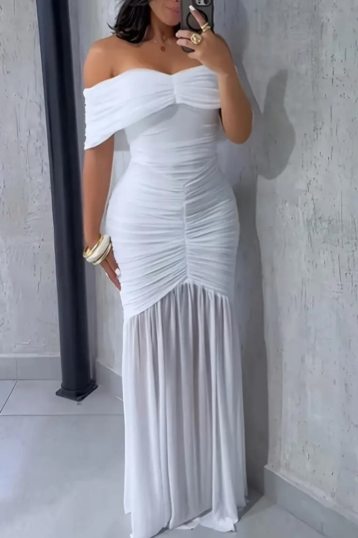 Classy Off-Shoulder Pleated Chiffon Long Evening Prom Dress
