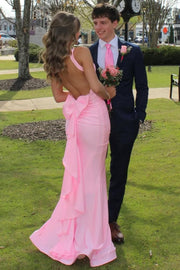 Pink Halter V-Neck Pleats Satin Mermaid Long Prom Dress with Ruffles