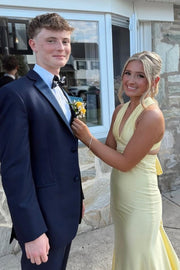 Halter V-Neck Sleeveless Satin Pleats Long Prom Dress with Train