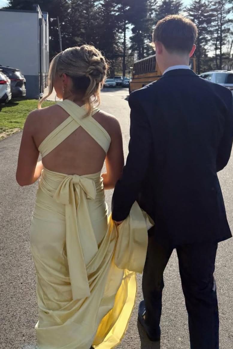 Halter V-Neck Sleeveless Satin Pleats Long Prom Dress with Train