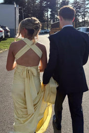 Halter V-Neck Sleeveless Satin Pleats Long Prom Dress with Train