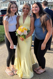 Halter V-Neck Sleeveless Satin Pleats Long Prom Dress with Train