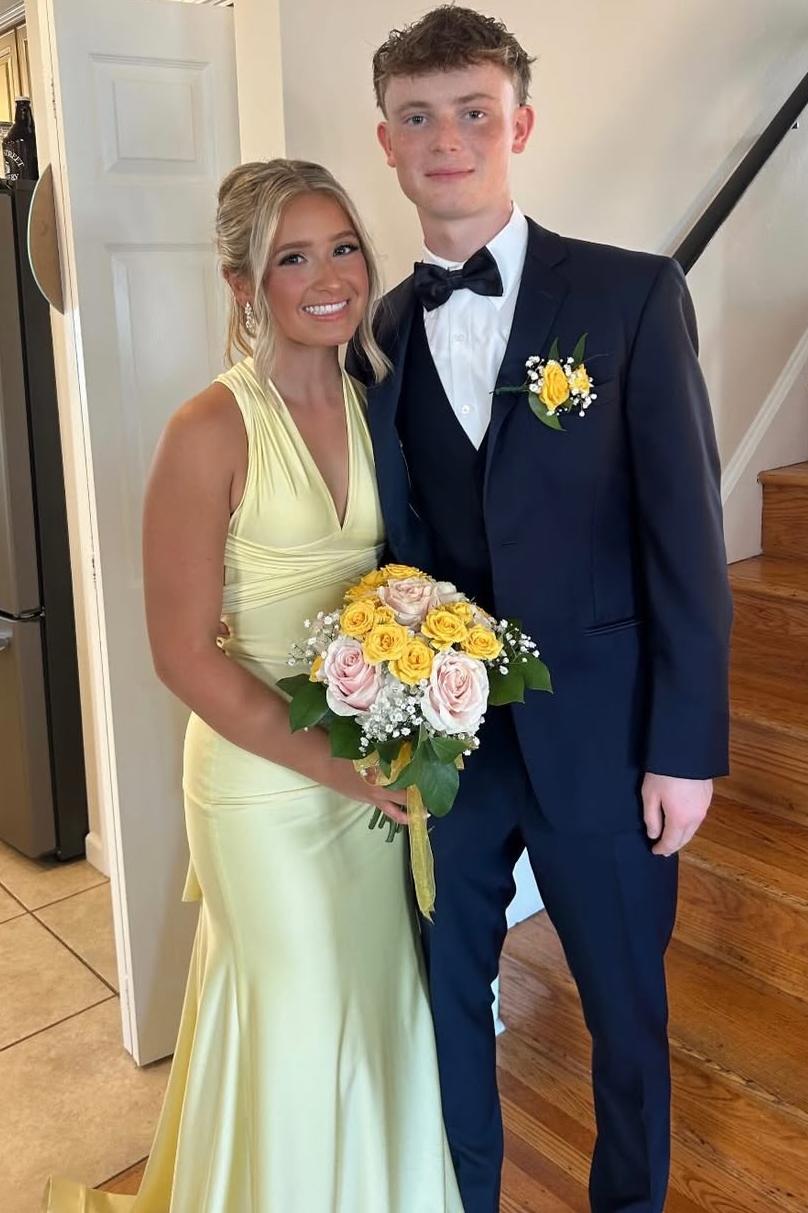 Halter V-Neck Sleeveless Satin Pleats Long Prom Dress with Train