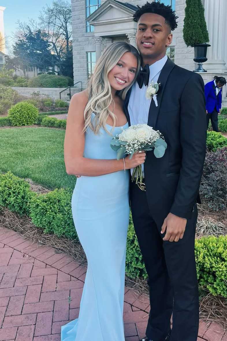Blue Strapless Scoop Neck Pleats Sleeveless Long Prom Dress