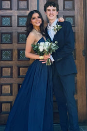 Navy Blue Halter Empire-Waist Sleeveless Pleats Long Prom Dress with Slit