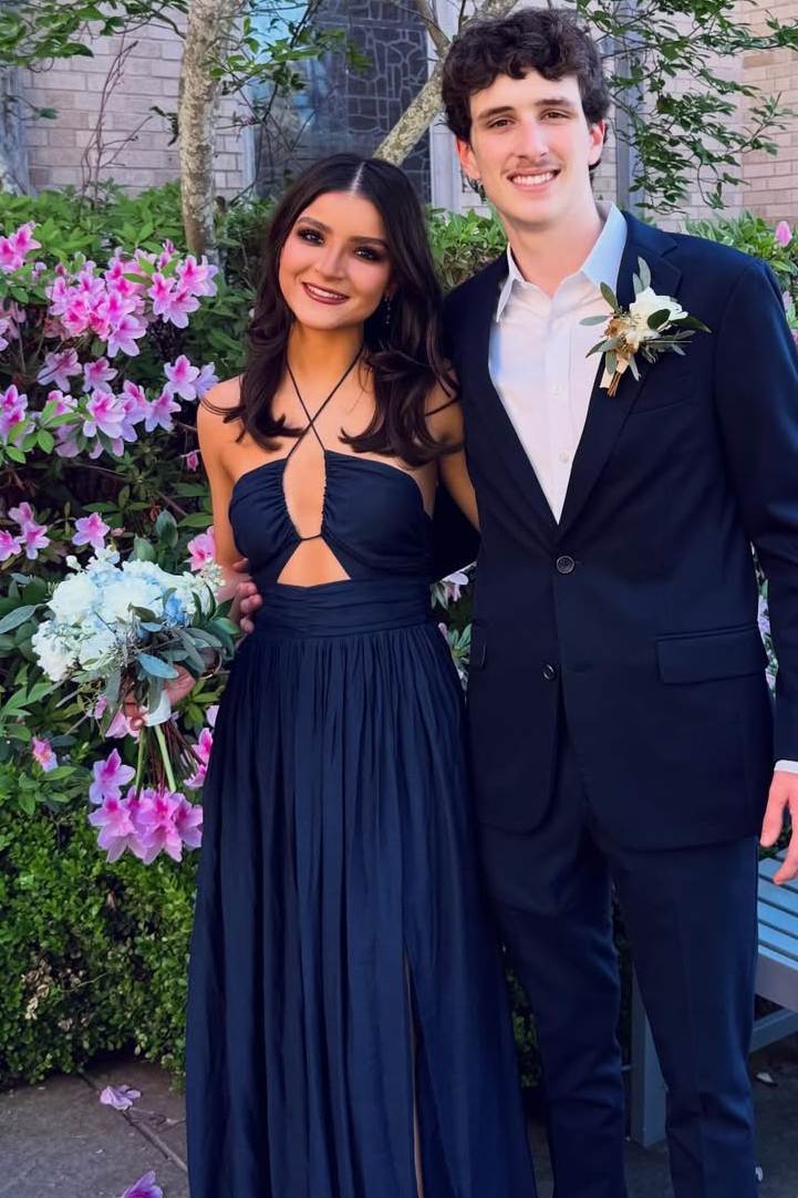 Navy Blue Halter Empire-Waist Sleeveless Pleats Long Prom Dress with Slit