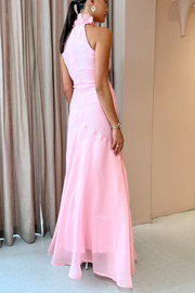 Pink High Neck 3D Flower Sleeveless Evening Prom Dress with Slit