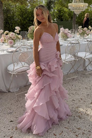 Blue V-Neck Strapless Ruffles Sleeveless A-Line Prom Dress with Slit