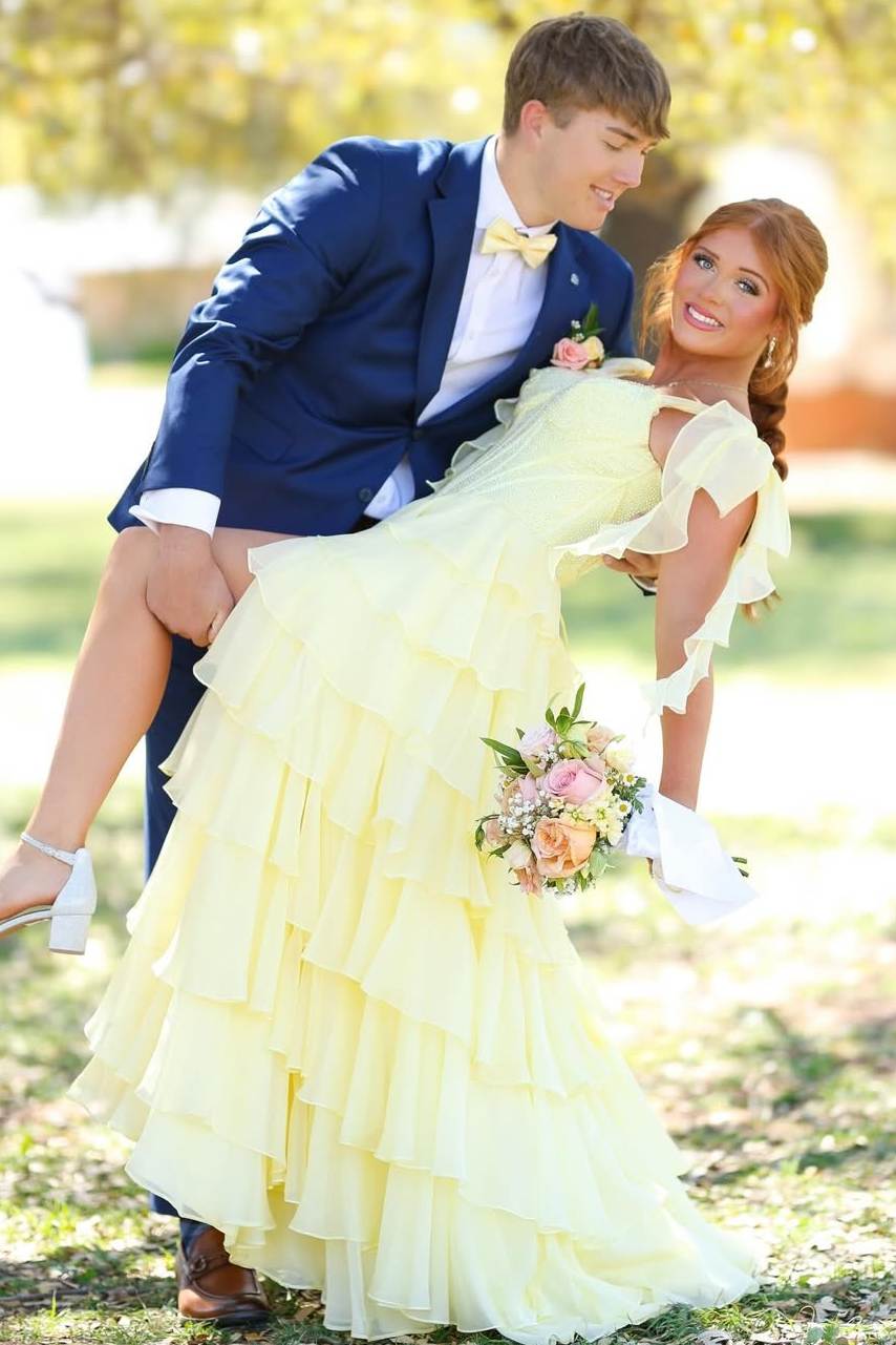 Yellow A-Line Straps V-Neck Ruffles Chiffon Empire-Waist Prom Dress with Slit