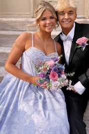 Exquisite Spaghetti Straps A-Line Floral Empire-Waist Prom Dress with Beads
