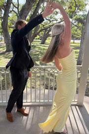 Simple Yellow Strapless Satin Sleeveless Formal Prom Dress with Slit